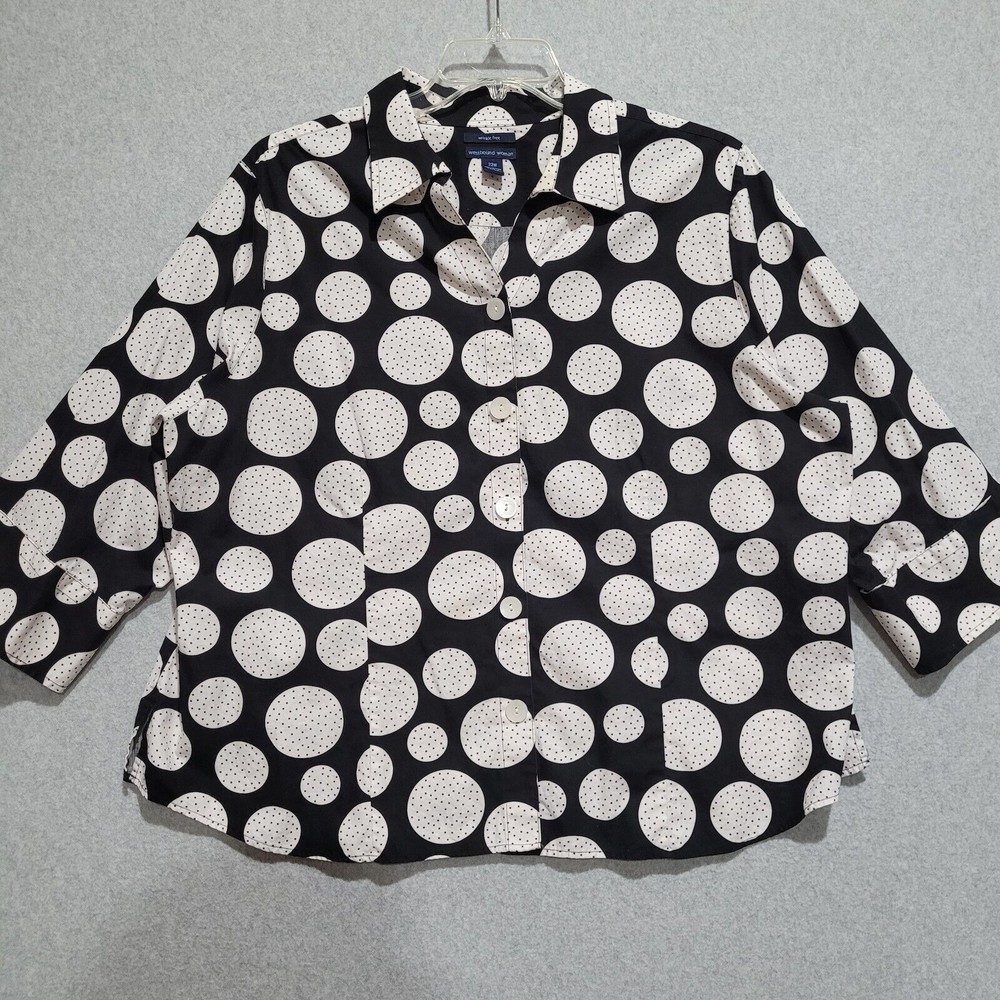 Westbound Woman Shirt 22W Black White Circles Dots Cotton Button Up 3/4 Sleeve